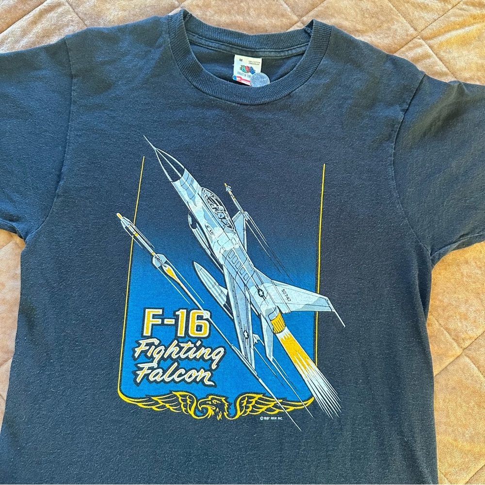Vintage 1987 Single Stitch T Shirt F 16 Fighting Falcon Jet USA Made Mens M